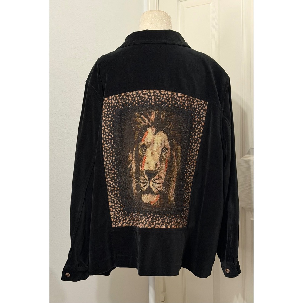 Stonebridge Womens 3X Black Corduroy Jacket Lion Tapestry Back Leopard Print - Picture 2 of 6